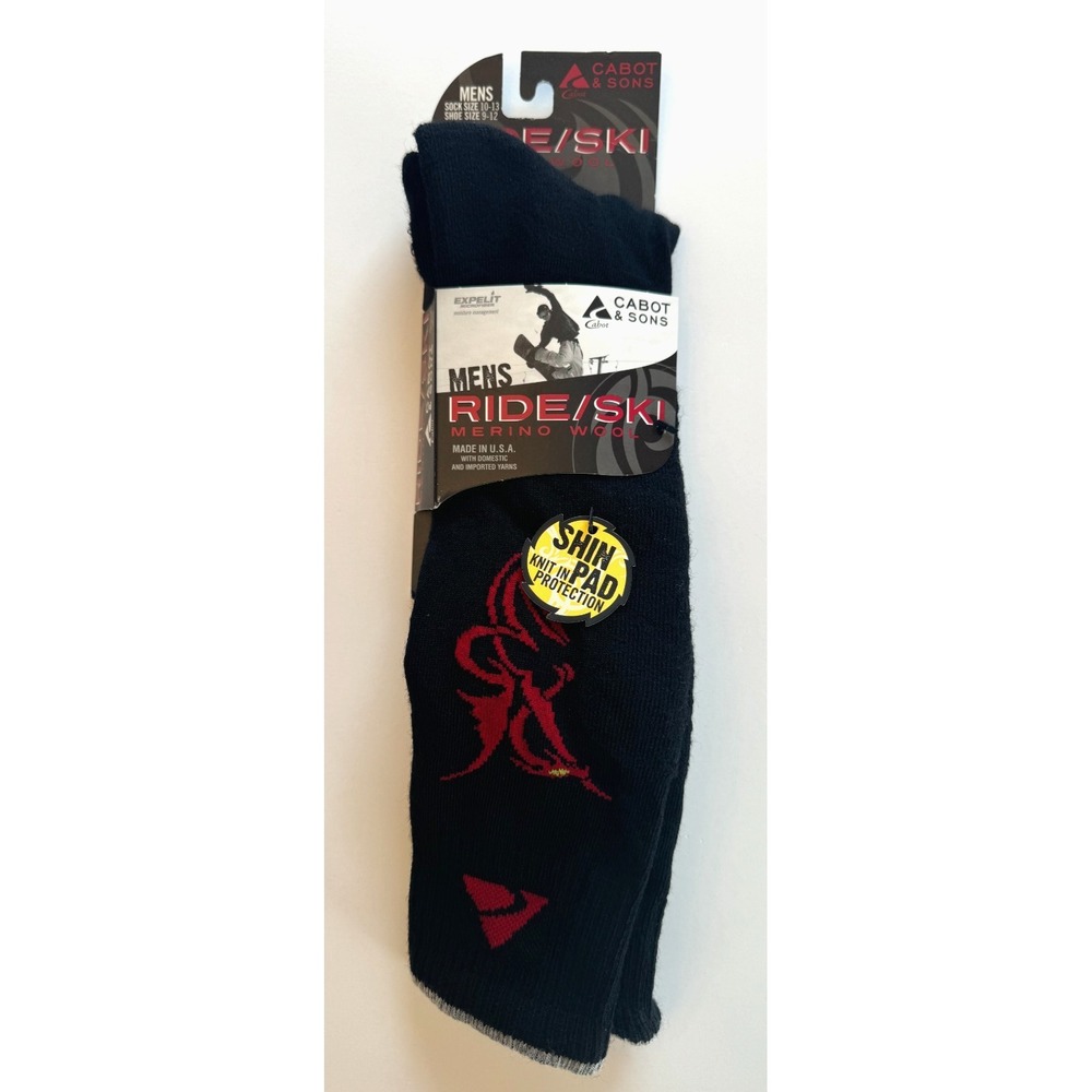 NEW CABOT & SONS Ride / Ski Merino Wool Socks Black & Red Shin Pad Men's 10-13